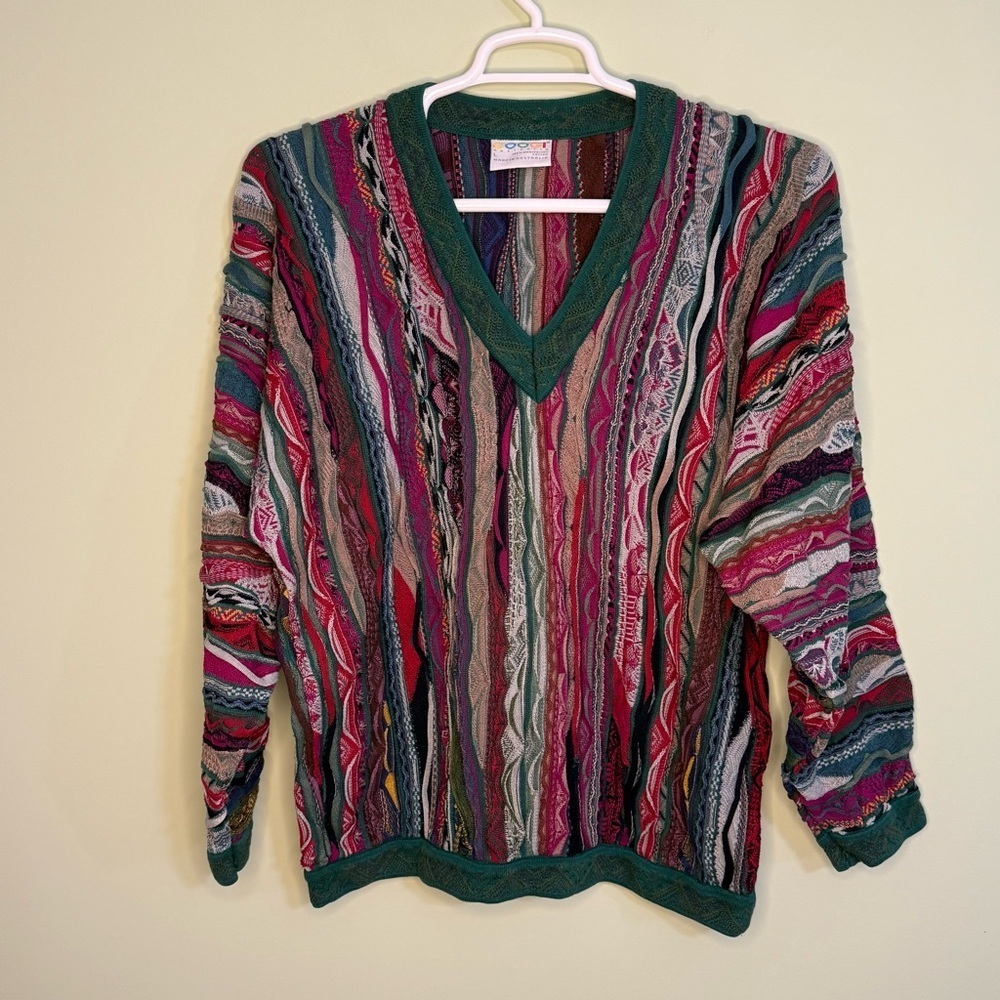 VTG‎ COOGI cotton authentic 3D Cosby sweater large 90’s v neck hip hop green red